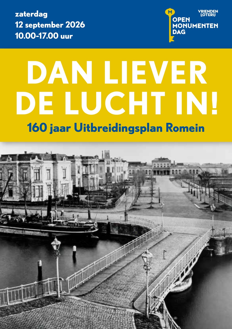 Voorzijde van de brochure van Open Monumentendag Leeuwarden 2026, met de titel Dan liever de lucht in, 160 jaar Uitbreidingsplan Romein