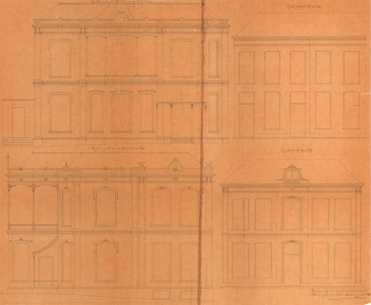 Bouwtekening uit 1873 op oranje papier, met vier geveltekeningen in lijn en handgeschreven bijschriften.
