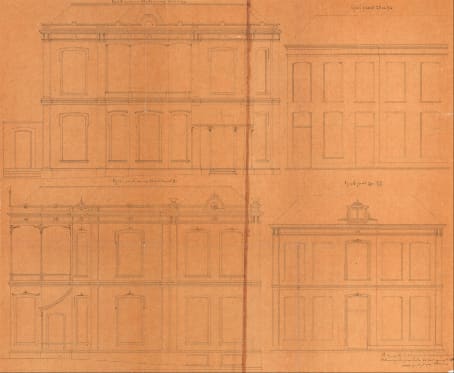 Vier geveltekeningen van J. van Reenen op het bouwtekeningenblad uit 1873.