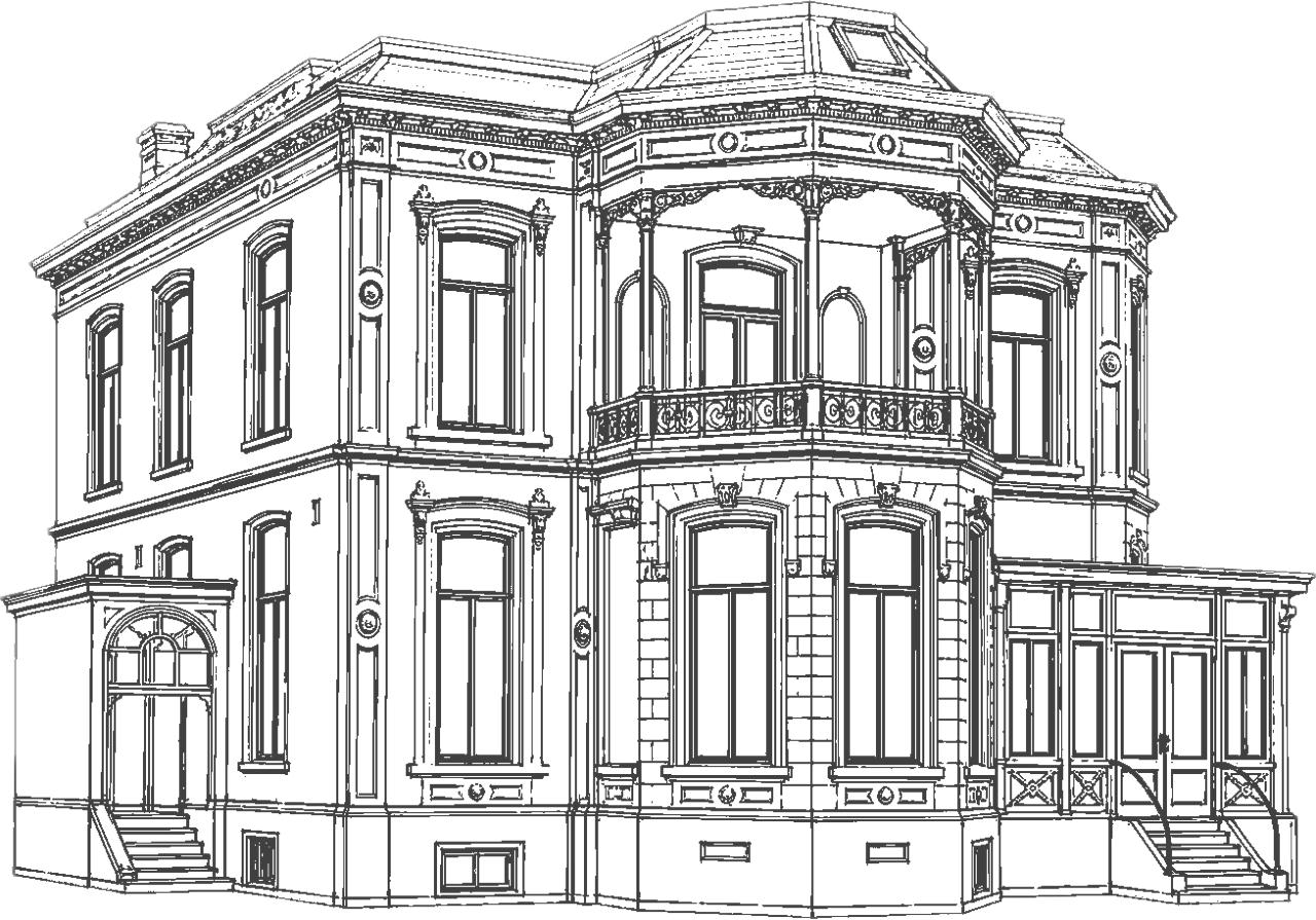 Lijntekening van de voorgevel van Villa Sophialaan in driekwartaanzicht, met erker, balkon, veranda en bordestrap.
