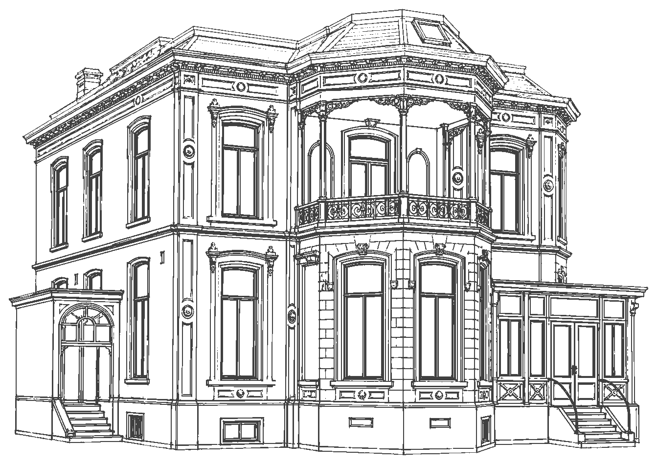 Lijntekening van Villa Sophialaan in driekwartaanzicht, met de hoekerker, het overdekte balkon en de serre